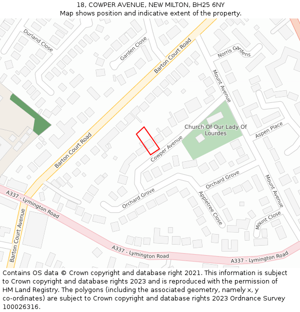 18, COWPER AVENUE, NEW MILTON, BH25 6NY: Location map and indicative extent of plot