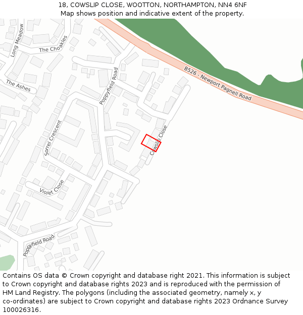 18, COWSLIP CLOSE, WOOTTON, NORTHAMPTON, NN4 6NF: Location map and indicative extent of plot