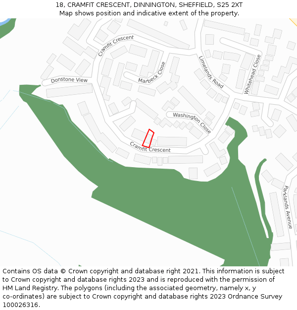 18, CRAMFIT CRESCENT, DINNINGTON, SHEFFIELD, S25 2XT: Location map and indicative extent of plot