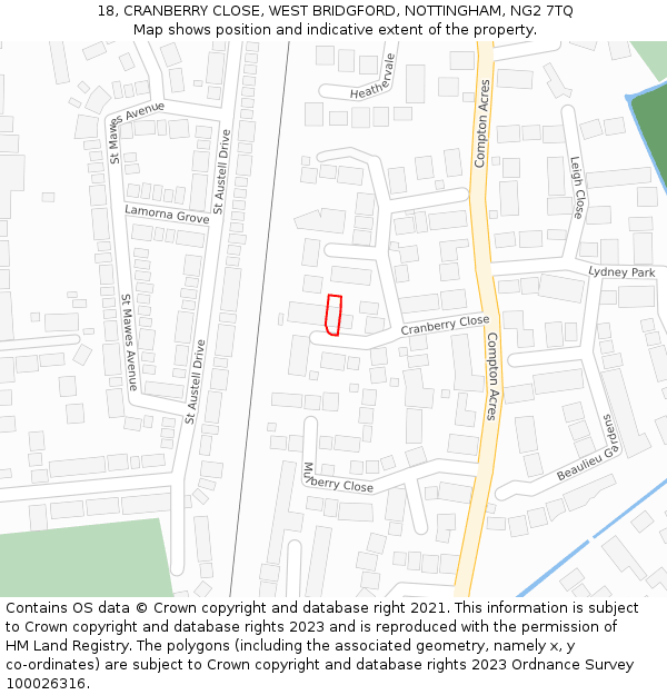 18, CRANBERRY CLOSE, WEST BRIDGFORD, NOTTINGHAM, NG2 7TQ: Location map and indicative extent of plot