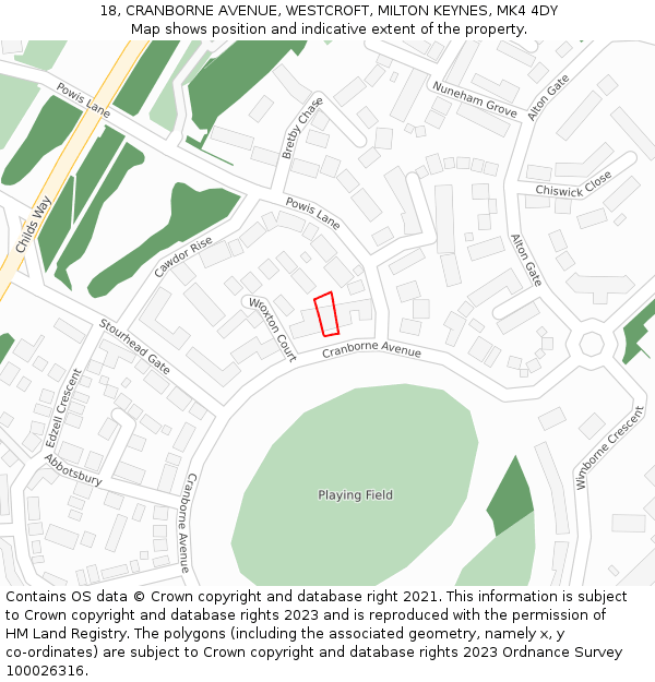 18, CRANBORNE AVENUE, WESTCROFT, MILTON KEYNES, MK4 4DY: Location map and indicative extent of plot