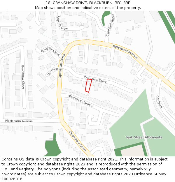 18, CRANSHAW DRIVE, BLACKBURN, BB1 8RE: Location map and indicative extent of plot