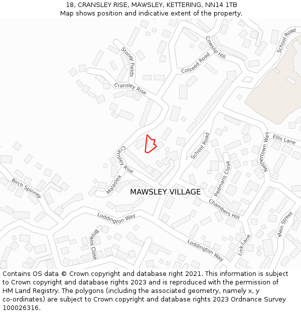 18, CRANSLEY RISE, MAWSLEY, KETTERING, NN14 1TB: Location map and indicative extent of plot