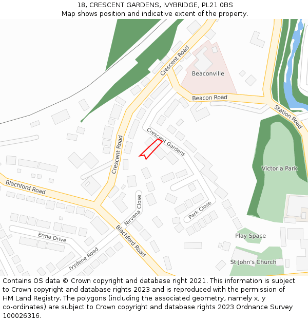 18, CRESCENT GARDENS, IVYBRIDGE, PL21 0BS: Location map and indicative extent of plot