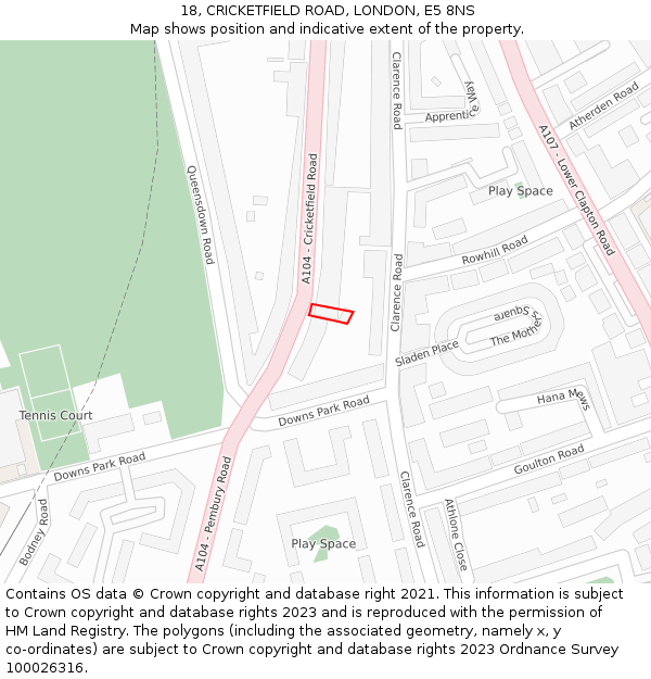 18, CRICKETFIELD ROAD, LONDON, E5 8NS: Location map and indicative extent of plot
