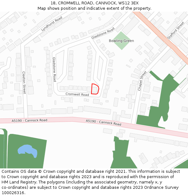 18, CROMWELL ROAD, CANNOCK, WS12 3EX: Location map and indicative extent of plot