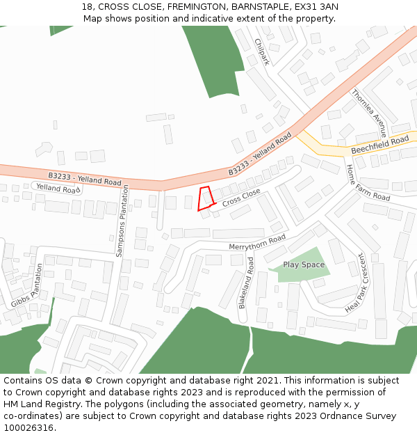 18, CROSS CLOSE, FREMINGTON, BARNSTAPLE, EX31 3AN: Location map and indicative extent of plot