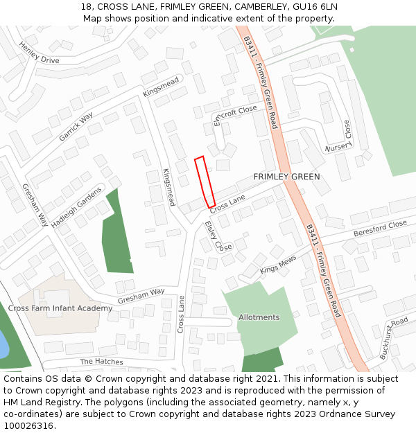 18, CROSS LANE, FRIMLEY GREEN, CAMBERLEY, GU16 6LN: Location map and indicative extent of plot