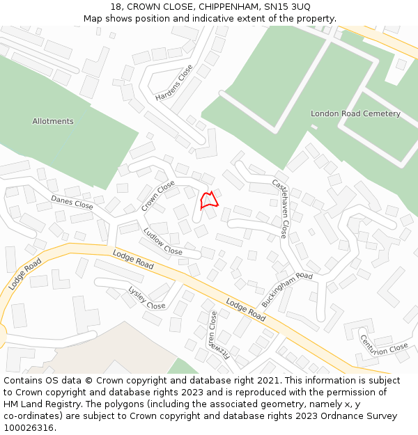 18, CROWN CLOSE, CHIPPENHAM, SN15 3UQ: Location map and indicative extent of plot