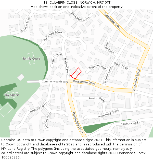 18, CULVERIN CLOSE, NORWICH, NR7 0TT: Location map and indicative extent of plot