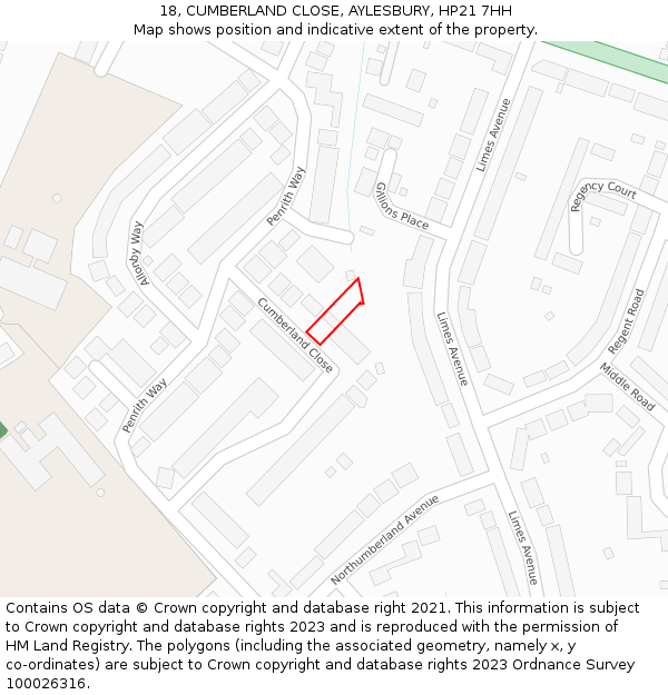 18, CUMBERLAND CLOSE, AYLESBURY, HP21 7HH: Location map and indicative extent of plot