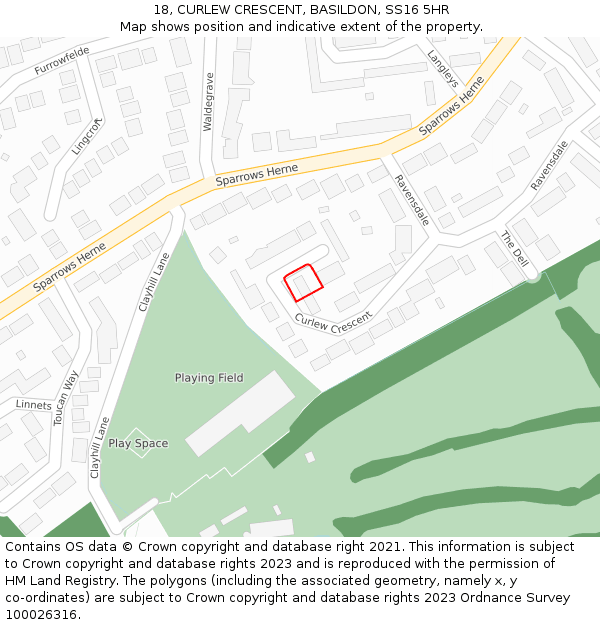 18, CURLEW CRESCENT, BASILDON, SS16 5HR: Location map and indicative extent of plot