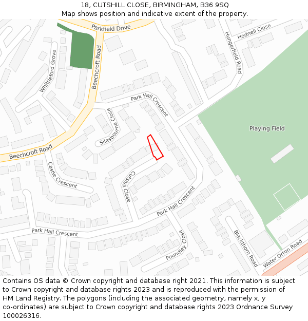 18, CUTSHILL CLOSE, BIRMINGHAM, B36 9SQ: Location map and indicative extent of plot