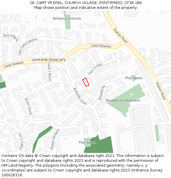 18, CWRT YR EFAIL, CHURCH VILLAGE, PONTYPRIDD, CF38 1BX: Location map and indicative extent of plot