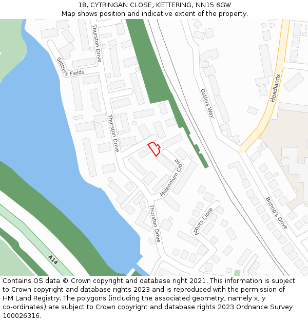 18, CYTRINGAN CLOSE, KETTERING, NN15 6GW: Location map and indicative extent of plot