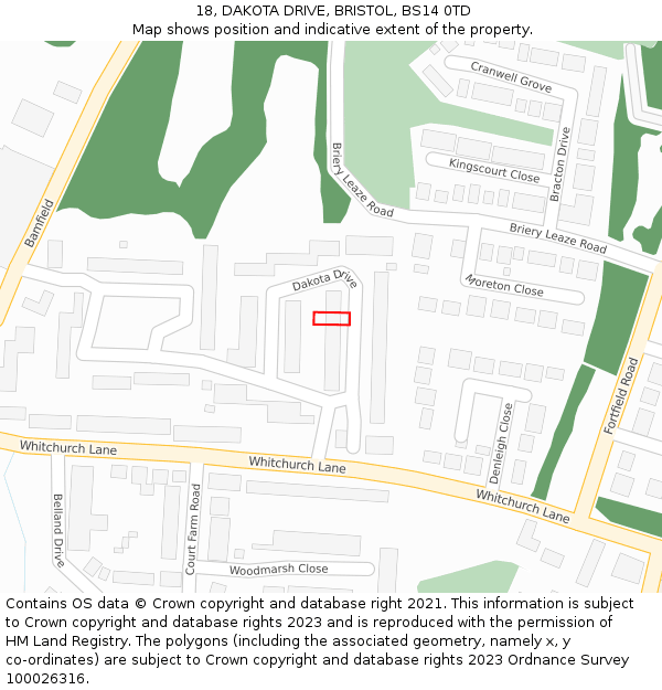 18, DAKOTA DRIVE, BRISTOL, BS14 0TD: Location map and indicative extent of plot