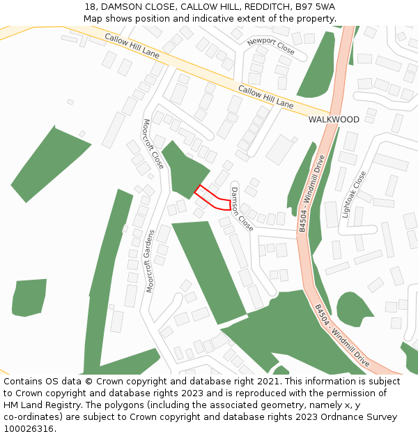 18, DAMSON CLOSE, CALLOW HILL, REDDITCH, B97 5WA: Location map and indicative extent of plot