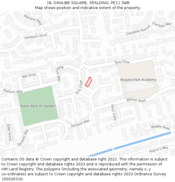 18, DANUBE SQUARE, SPALDING, PE11 3WB: Location map and indicative extent of plot