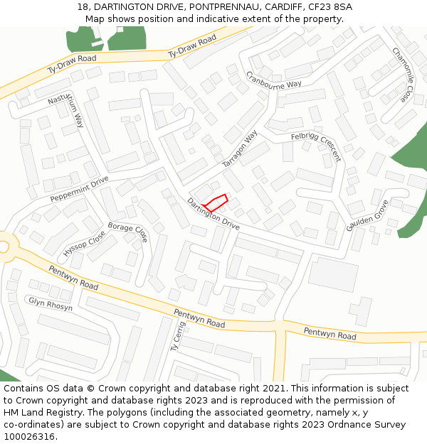 18, DARTINGTON DRIVE, PONTPRENNAU, CARDIFF, CF23 8SA: Location map and indicative extent of plot