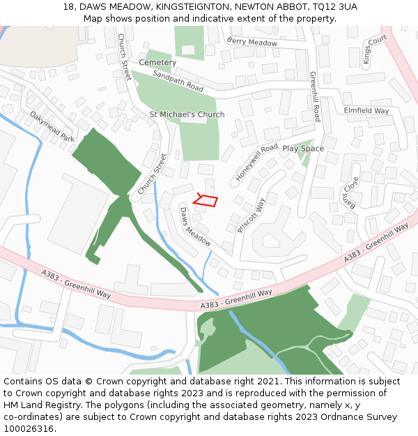 18, DAWS MEADOW, KINGSTEIGNTON, NEWTON ABBOT, TQ12 3UA: Location map and indicative extent of plot