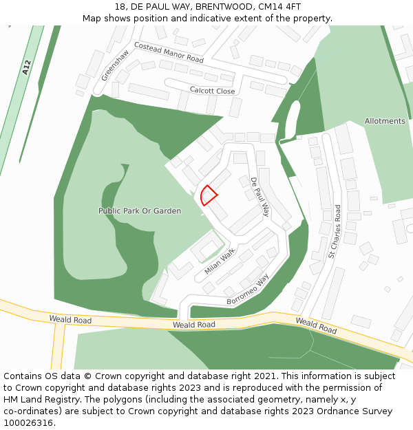 18, DE PAUL WAY, BRENTWOOD, CM14 4FT: Location map and indicative extent of plot