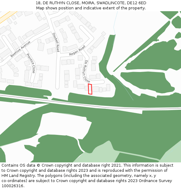 18, DE RUTHYN CLOSE, MOIRA, SWADLINCOTE, DE12 6ED: Location map and indicative extent of plot