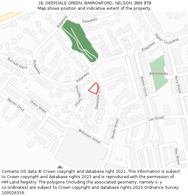 18, DEEPDALE GREEN, BARROWFORD, NELSON, BB9 8TB: Location map and indicative extent of plot