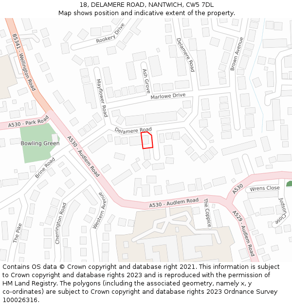 18, DELAMERE ROAD, NANTWICH, CW5 7DL: Location map and indicative extent of plot