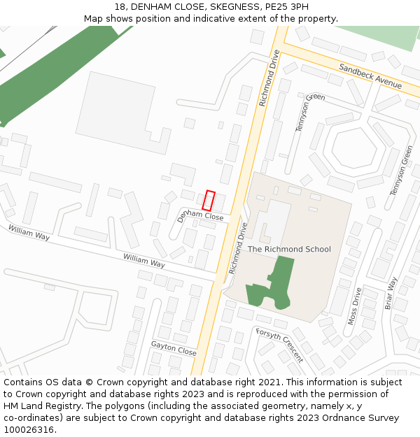 18, DENHAM CLOSE, SKEGNESS, PE25 3PH: Location map and indicative extent of plot