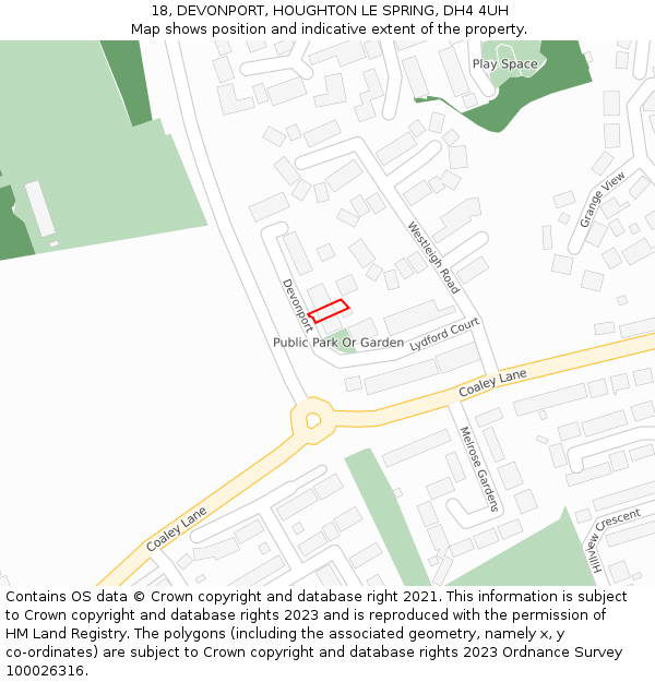 18, DEVONPORT, HOUGHTON LE SPRING, DH4 4UH: Location map and indicative extent of plot