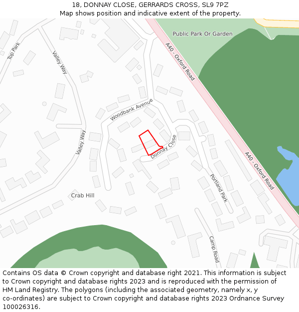 18, DONNAY CLOSE, GERRARDS CROSS, SL9 7PZ: Location map and indicative extent of plot