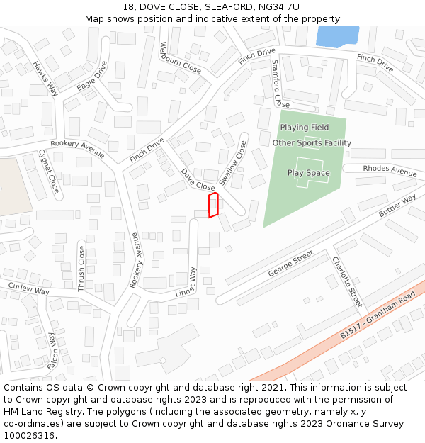 18, DOVE CLOSE, SLEAFORD, NG34 7UT: Location map and indicative extent of plot