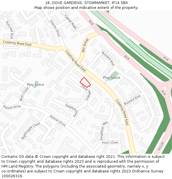 18, DOVE GARDENS, STOWMARKET, IP14 5BX: Location map and indicative extent of plot