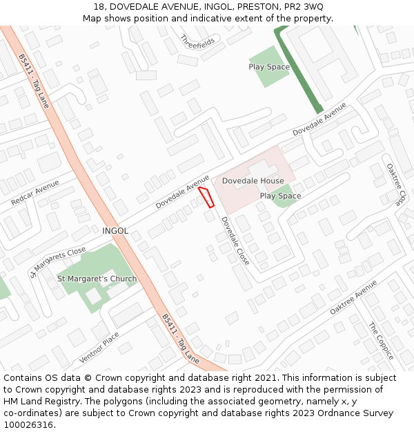 18, DOVEDALE AVENUE, INGOL, PRESTON, PR2 3WQ: Location map and indicative extent of plot