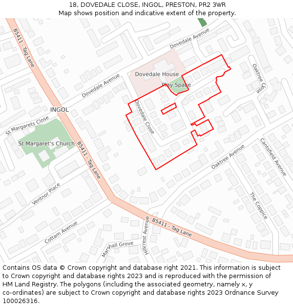 18, DOVEDALE CLOSE, INGOL, PRESTON, PR2 3WR: Location map and indicative extent of plot