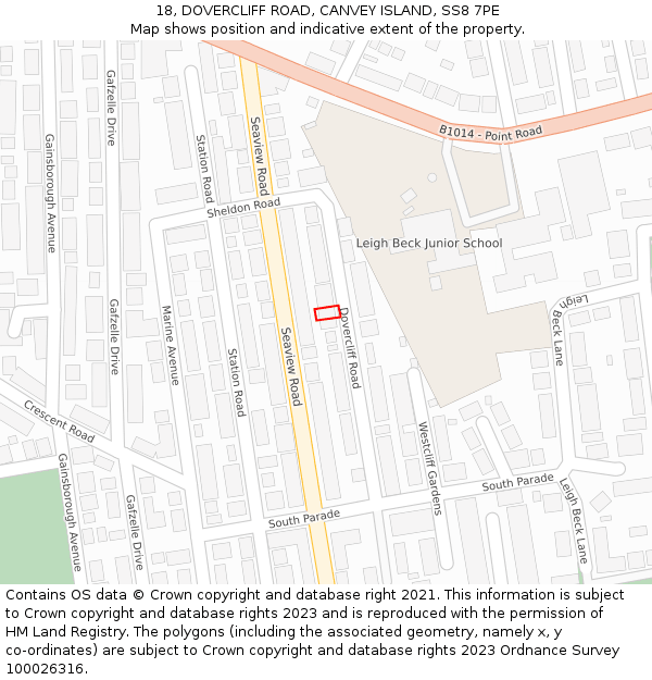 18, DOVERCLIFF ROAD, CANVEY ISLAND, SS8 7PE: Location map and indicative extent of plot