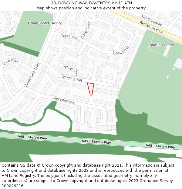 18, DOWNING WAY, DAVENTRY, NN11 4TN: Location map and indicative extent of plot