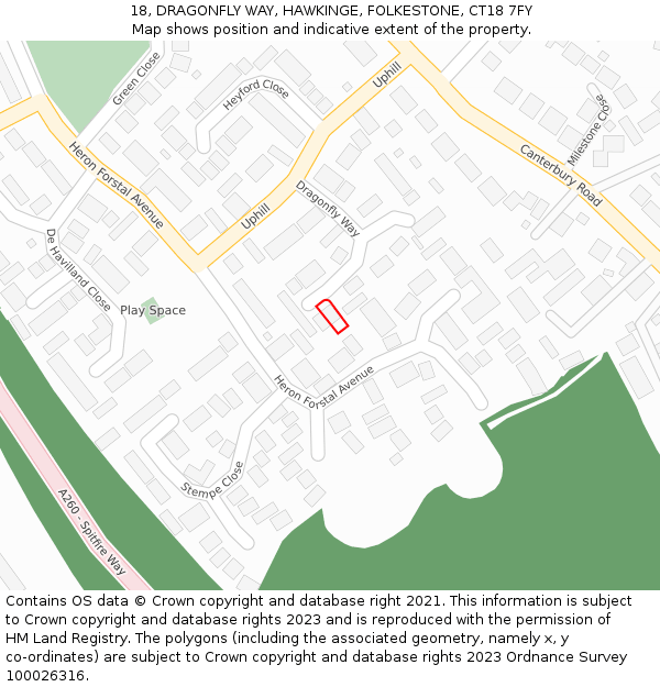 18, DRAGONFLY WAY, HAWKINGE, FOLKESTONE, CT18 7FY: Location map and indicative extent of plot