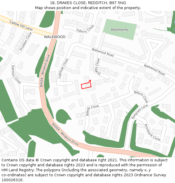 18, DRAKES CLOSE, REDDITCH, B97 5NG: Location map and indicative extent of plot