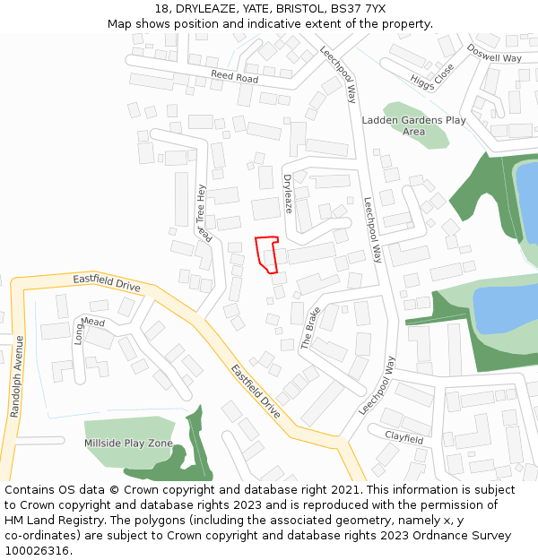 18, DRYLEAZE, YATE, BRISTOL, BS37 7YX: Location map and indicative extent of plot