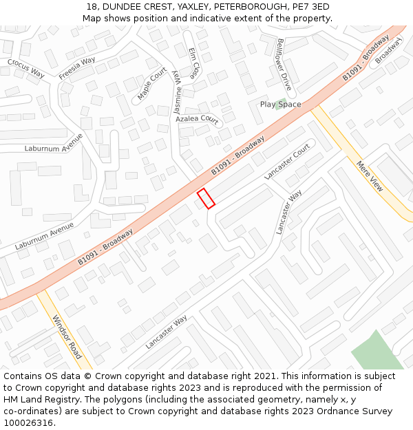 18, DUNDEE CREST, YAXLEY, PETERBOROUGH, PE7 3ED: Location map and indicative extent of plot