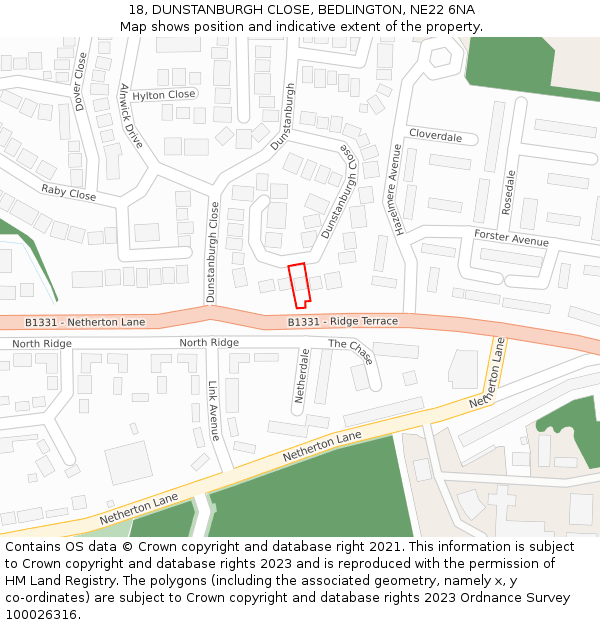 18, DUNSTANBURGH CLOSE, BEDLINGTON, NE22 6NA: Location map and indicative extent of plot