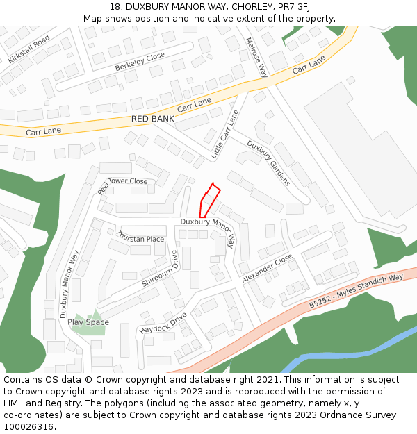 18, DUXBURY MANOR WAY, CHORLEY, PR7 3FJ: Location map and indicative extent of plot