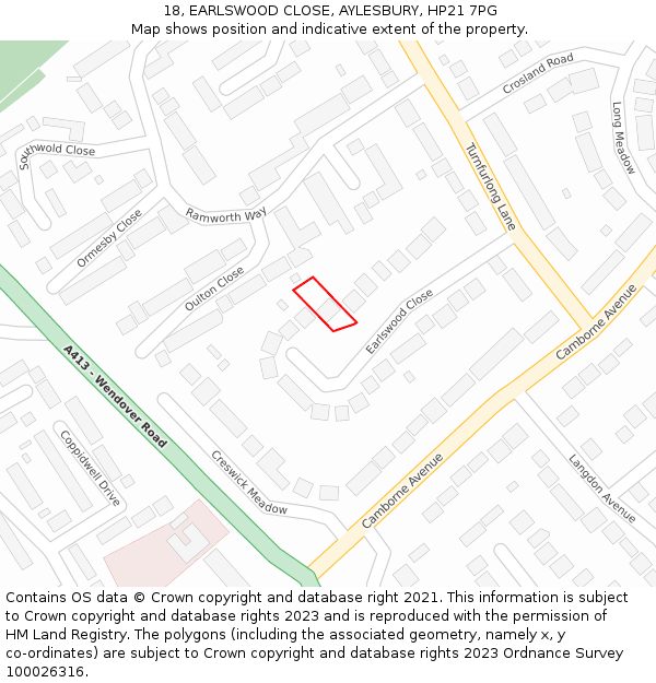 18, EARLSWOOD CLOSE, AYLESBURY, HP21 7PG: Location map and indicative extent of plot