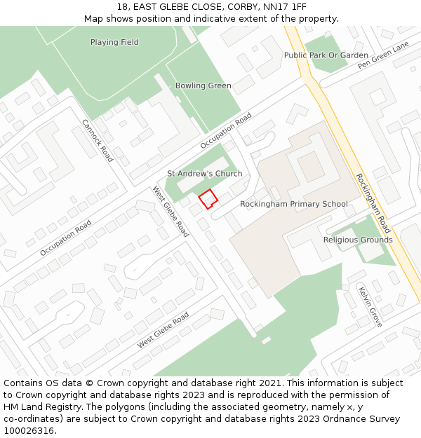 18, EAST GLEBE CLOSE, CORBY, NN17 1FF: Location map and indicative extent of plot