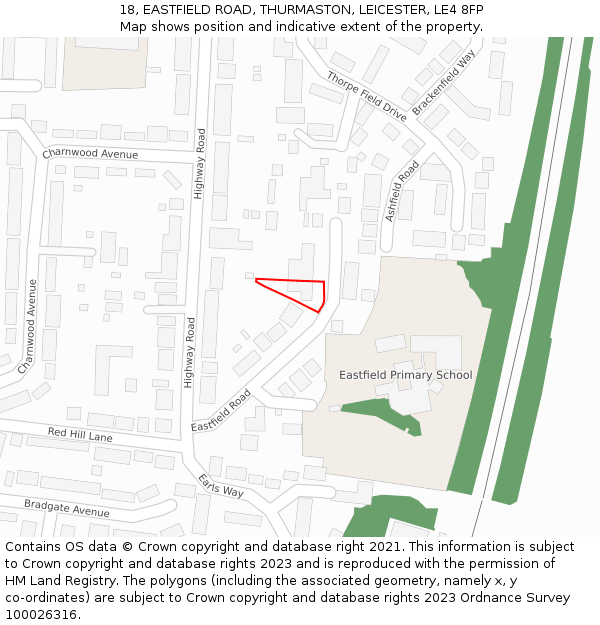 18, EASTFIELD ROAD, THURMASTON, LEICESTER, LE4 8FP: Location map and indicative extent of plot