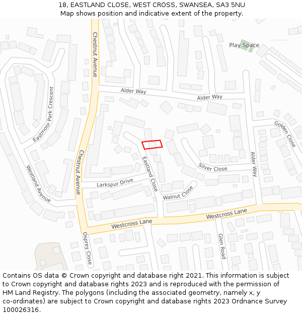 18, EASTLAND CLOSE, WEST CROSS, SWANSEA, SA3 5NU: Location map and indicative extent of plot