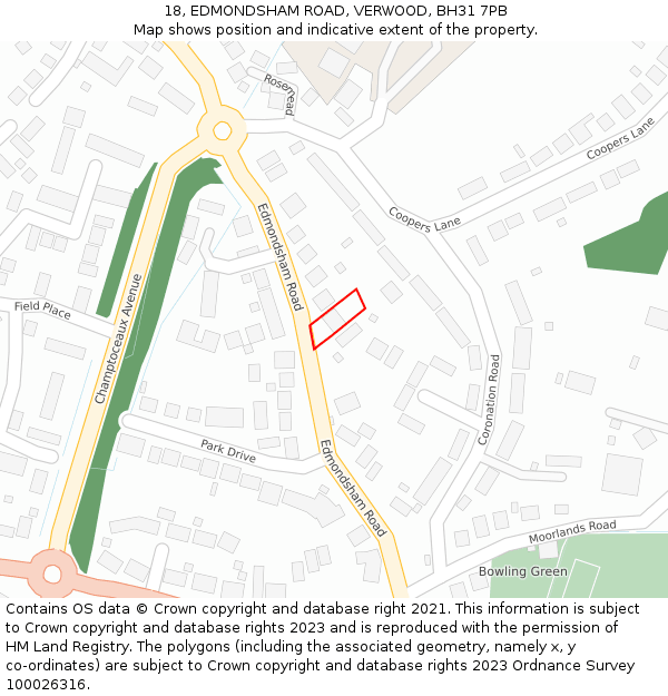 18, EDMONDSHAM ROAD, VERWOOD, BH31 7PB: Location map and indicative extent of plot