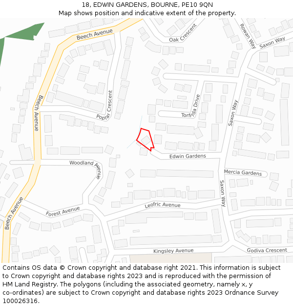 18, EDWIN GARDENS, BOURNE, PE10 9QN: Location map and indicative extent of plot