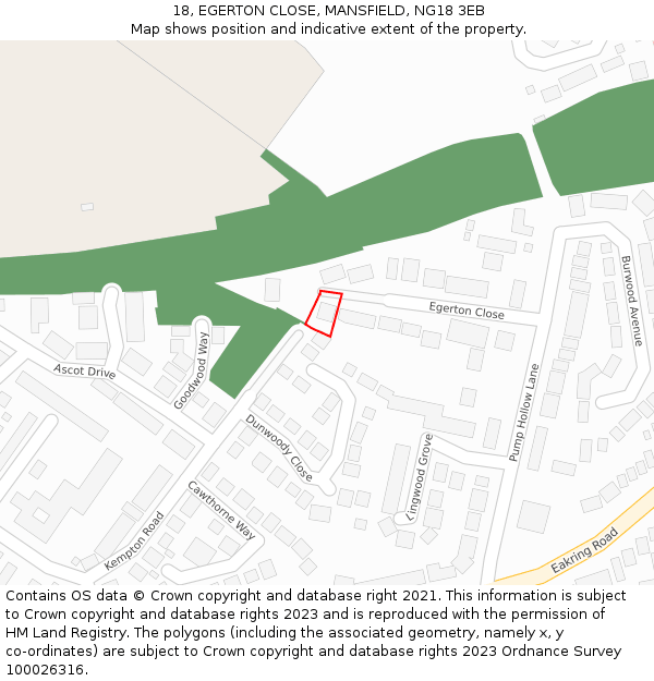 18, EGERTON CLOSE, MANSFIELD, NG18 3EB: Location map and indicative extent of plot